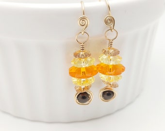 Orange/Yellow Crystal Flower Swirl Wire Wrapped Earrings with Brown Crystal Pearls