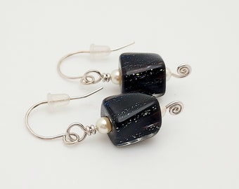 Black Glitter Cane Glass Silver Wire Wrapped Earrings (with White Crystal Pearls)