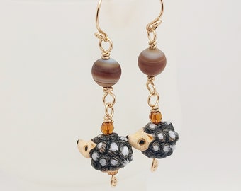 Ceramic Hedgehog Beaded Dangle Spiral Wire Wrapped Earrings with Brown Crystals and Wood Agate
