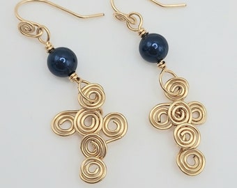 Gold Filled Spiral Cross Wire Wrapped Earrings with Dark Blue Pearl