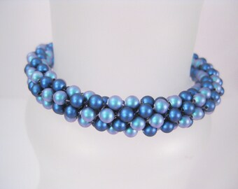 Kumihimo Beaded Bracelet with Blue Swarovski Crystal Pearls