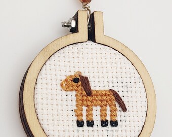 Brown Horse Cross Stitch Pendant Necklace with Brown Crystal