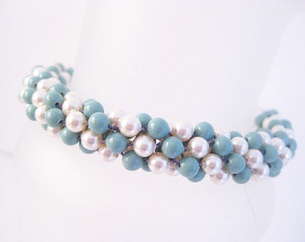 Kumihimo Beaded Bracelet with Cream and Jade Swarovski Crystal Pearls