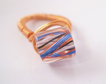 Blue/Black/Orange Cane Glass Copper Wire Wrapped Ring