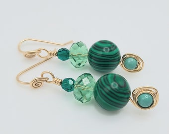 Imitation Malachite Gemstone Gold Filled Wire Spiral Earrings