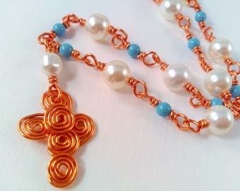 Spiral Copper Cross Pendant Wire Wrapped Necklace with Turquoise and Cream Swarovski Crystal Pearls