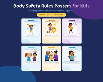 Body Safety Rules Posters for Kids | 6 Bright Prints + Bonus Chart | My Body Belongs to Me | Preschool Classroom Counselor Printable PDF