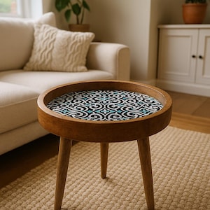 Small Round Artisan Side Table Wooden | Mango Wood Resin Bedside End Table Handcrafted | Antique Coffee Table for Living Room and Outdoor