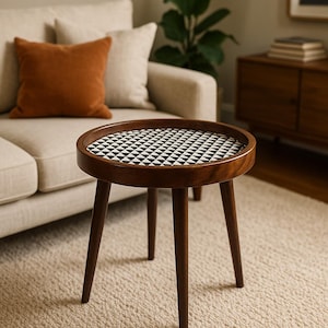 Vintage style Round Mango Wood Side table | Wooden Artisan Bedside Table for Living Room | Small resin Sofa side Coffee table handmade