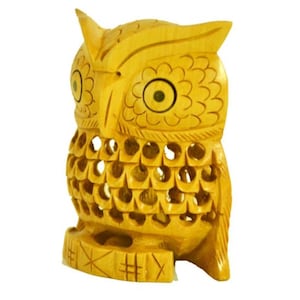 Hand Carved Wooden Owl Sculpture: Home Decor Figurine