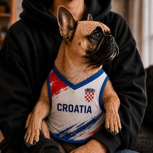 K&ouml;nnte beinhalten: Eine falbfarbene Franz&ouml;sische Bulldogge tr&auml;gt ein &auml;rmelloses wei&szlig;es Haustier-Shirt mit blauem Saum. Das Shirt zeigt ein rot-blaues Pinselstrich-Design, den blauen Schriftzug CROATIA und ein kleines rot-wei&szlig; kariertes Wappen auf der Brust.
