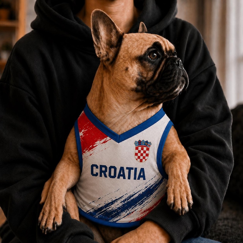 K&ouml;nnte beinhalten: Eine falbfarbene Franz&ouml;sische Bulldogge tr&auml;gt ein &auml;rmelloses wei&szlig;es Haustier-Shirt mit blauem Saum. Das Shirt zeigt ein rot-blaues Pinselstrich-Design, den blauen Schriftzug CROATIA und ein kleines rot-wei&szlig; kariertes Wappen auf der Brust.