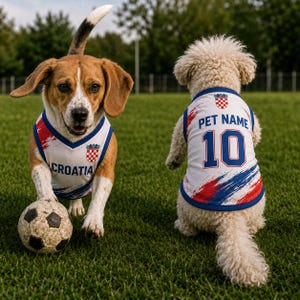 K&ouml;nnte beinhalten: Zwei Hunde tragen &auml;rmellose wei&szlig;e Trikots mit blauen und roten Pinselstrichmustern. Das vordere Trikot zeigt den Text CROATIA und ein rot-wei&szlig;es Wappen. Das hintere Trikot zeigt den Text PET NAME und die Nummer 10.
