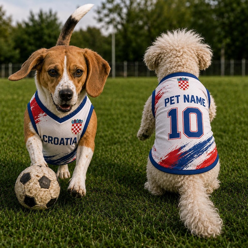 K&ouml;nnte beinhalten: Zwei Hunde tragen &auml;rmellose wei&szlig;e Trikots mit blauen und roten Pinselstrichmustern. Das vordere Trikot zeigt den Text CROATIA und ein rot-wei&szlig;es Wappen. Das hintere Trikot zeigt den Text PET NAME und die Nummer 10.