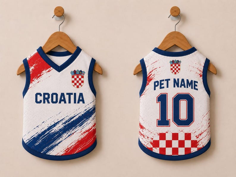 K&ouml;nnte beinhalten: Zwei &auml;rmellose Haustiertrikots in den kroatischen Flaggenfarben Rot, Wei&szlig; und Blau. Die Vorderseite zeigt das Wort CROATIA und ein Wappen. Die R&uuml;ckseite tr&auml;gt den Text PET NAME &uuml;ber der Nummer 10 und einem rot-wei&szlig;en Karomuster.