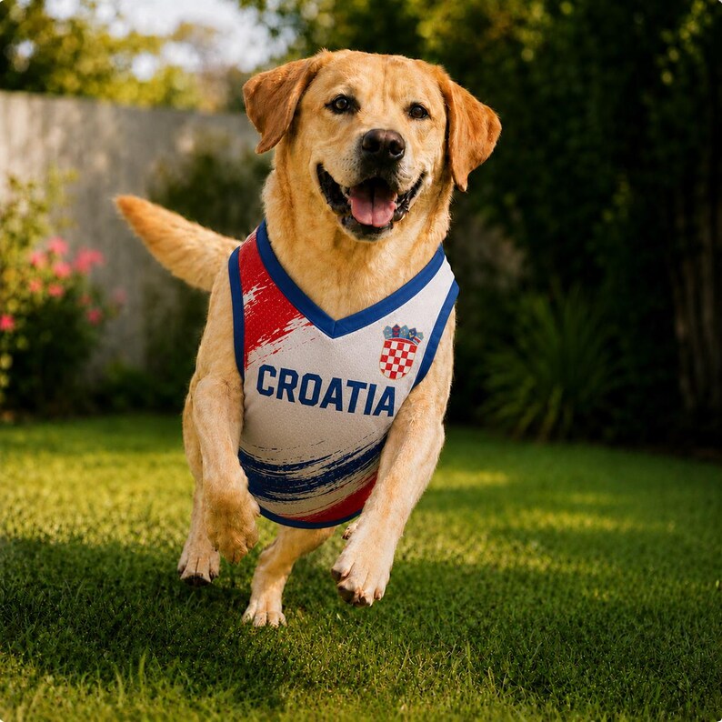 K&ouml;nnte beinhalten: Ein gelber Labrador Retriever tr&auml;gt ein &auml;rmelloses Trikot in Wei&szlig;, Rot und Blau mit dem Wort CROATIA in blauer Schrift auf der Brust und einem rot-wei&szlig; karierten Wappen auf der oberen rechten Seite des Kleidungsst&uuml;cks.