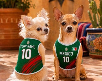Personalisierte Mexiko 2026 Hunde Fußball Trikot, benutzerdefinierte Haustier Fußball-Shirt mit Namen, mexikanische Katze Outfit, niedliche Welpen Sportkleidung, Fan Geschenk
