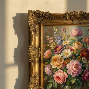 Puede incluir: Pintura de naturaleza muerta floral enmarcada. La obra presenta un ramo de rosas, margaritas y otras flores en tonos rosa, amarillo y rojo. El marco dorado ornamentado añade un toque de elegancia a la obra.