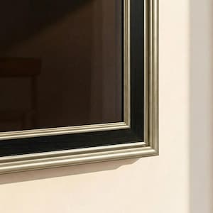 Puede incluir: Primer plano de una obra de arte o espejo enmarcado. El marco tiene un borde exterior plateado y un borde interior negro. El marco está montado en una pared de color beige claro. La obra de arte o el espejo dentro del marco es oscuro.