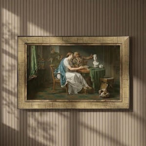 Puede incluir: Pintura clásica enmarcada que representa a dos figuras sentadas a una mesa, con un busto y un perro cerca. La pintura tiene un marco dorado y está montada en una pared marrón con líneas verticales. La obra de arte utiliza colores apagados.