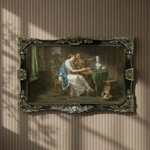 Puede incluir: Una impresión enmarcada de una pintura clásica que representa una escena con figuras vestidas con ropa de época. El marco negro adornado rodea la obra de arte, que presenta a una mujer con un vestido blanco y un hombre gesticulando. El fondo es una habitación con una mesa y un busto.