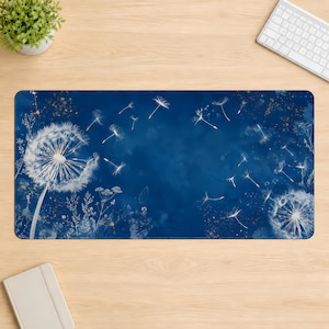 Dandelion Crosswind Desk Mat, Blue Botanical Mouse Pad, 36x18