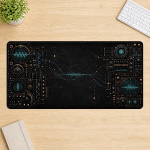 May include: A rectangular desk mat featuring a dark black background with intricate technical schematics, glowing blue and orange waveform patterns, circular radar-like displays, and various data points connected by thin lines across the surface.