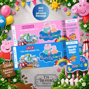 May include: Two rectangular Peppa Pig World park pass tickets, one pink and one blue, featuring cartoon characters, carnival rides, and rainbows. The tickets include the text ADMIT ONE, YOU ARE GOING TO, and Paultons Park, with personalised names Hollie and Jack.