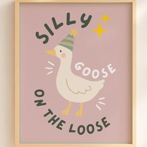 Goose Nursery Print: Silly Goose in Party Hat, Pink Baby Room Decor (Digital Download)