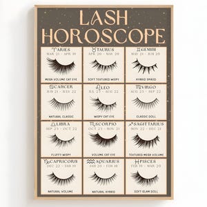 以下が含まれることがあります： 茶色の背景に額装されたポスターには、「Lash Horoscope」というテキストと、各星座のまつげのイラストが描かれています。各サインには、対応するまつげのスタイルと日付（「Aries、3月21日～4月19日、Mega Volume Cat Eye」など）があります。