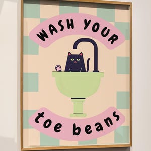 Black Cat Wash Your Toe Beans DIGITAL DOWNLOAD Printable: Funny Bathroom Cat-Lovers Wall Art