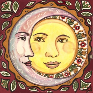 May include: Square artwork featuring a smiling sun and a crescent moon embracing. The sun is yellow, the moon is pale blue, and both have human-like faces. The artwork is framed with a decorative border of red, green, and brown.