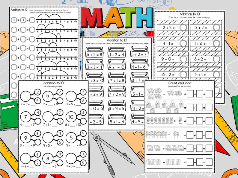 Addition Problems Lettering Addition Within 10 Worksheets | Construction Themed Math Activities for ...