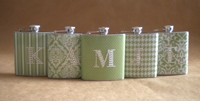 Bridesmaids Gift Flasks ANY 5 Print Design 6 ounce Flasks All with Rhinestone Initials KR2D 5067