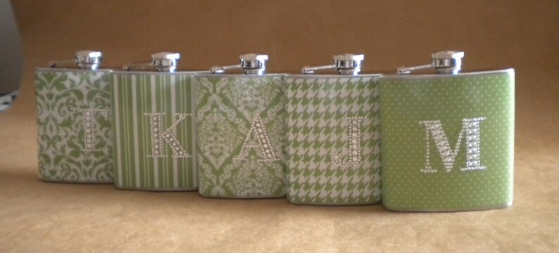 Bridesmaids Gift Flasks ANY 5 Print Design 6 ounce Flasks All with Rhinestone Initials KR2D 5067