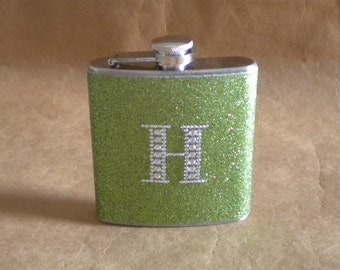 Gift Flask Lime Green Sparkly or ANY Color Sparkly 6 oz Stainless Steel Flask with ANY Rhinestone Initial KR2D 6382