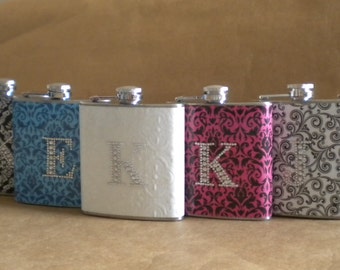Back to School Sorority Gifts Set of 7 ANY Print Design 6 oz Flasks All with Rhinestone Initial KR2D 5406