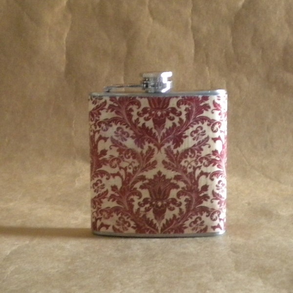 Girly Gift Flask Rouge et Crème Damask Imprimer 6 onces Stainless Steel Gift Flask KR2D 6095