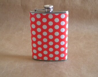 FLASH SALE Ready to Ship Bright Orange and White Polka Dots Sorority, College Tailgating Bachelorette Girly Gift 8 oz. Flask KR2D4937