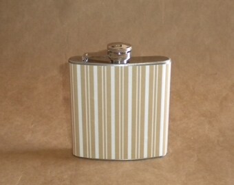CLEARANCE SALE Flask Taupe and White Stripe Pattern 6 ounce Wedding Party Birthday Stainless Steel Girl Gift Flask