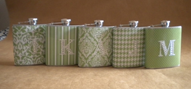Bridesmaids Gift Flasks ANY 5 Print Design 6 ounce Flasks All with Rhinestone Initials KR2D 5067