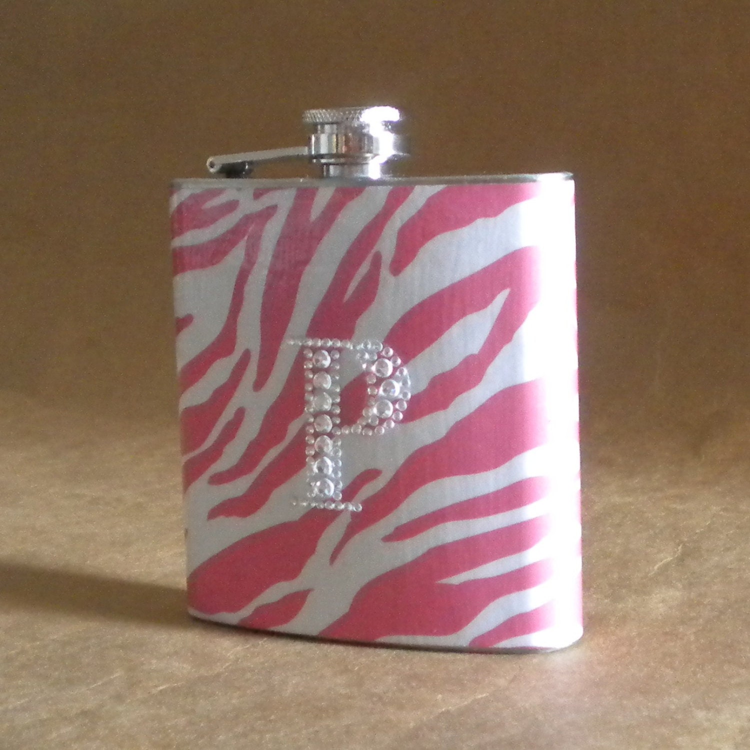 Personalized Girly Bridesmaids GiftPink and White Zebra Print 6 oz Stainless Steel Gift Flask with ANY Rhinestone Initial KR2D 6910