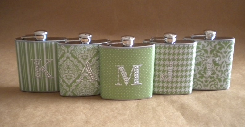 Bridesmaids Gift Flasks ANY 5 Print Design 6 ounce Flasks All with Rhinestone Initials KR2D 5067