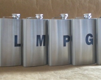 Groomsmen Gifts Set of 6 Stainless Steel 8 Ounces Flask with ANY Black Vinyl Initial KR2D 6847