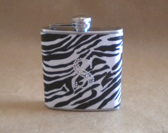 Stainless Steel Girly Gift Flask KR2D 4521 CLEARANCE SALE Personalized Gift Taupe and White Zebra Print with ANY Rhinestone Initial 8 oz