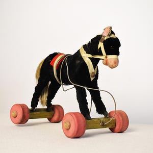 Antique Toy Horse on Wheels | Early 1900s Pull-Along Horse | German-Austrian Nursery Decor | Black Velvet Plush | Châteaucore Collectible