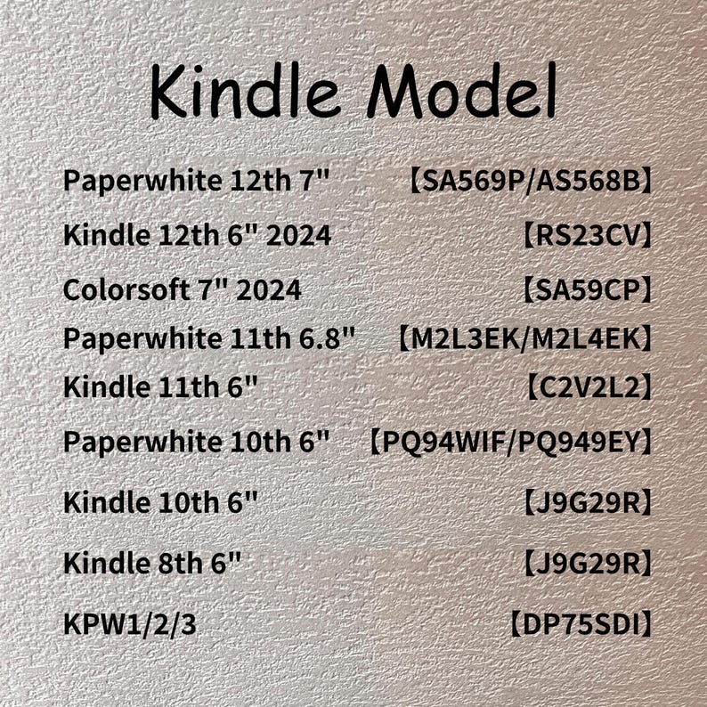 Puede incluir: Una lista de modelos Kindle con sus especificaciones, incluidas las versiones Paperwhite, Kindle y Colorsoft. El texto incluye tama&ntilde;os de pantalla en pulgadas y n&uacute;meros de modelo. El t&iacute;tulo "Kindle Model" est&aacute; en la parte superior.