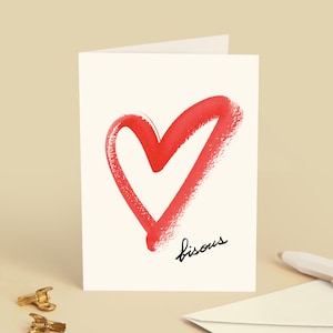 Carte de vœux « Bisous » Petite attention, amour, je t'aime, anniversaire - Dessin pinceau coeur rouge - Message en français
