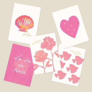 Set of 5 postcards "La vie en Rose", flowers, shell, heart - Watercolor illustration, message in French - Small poster