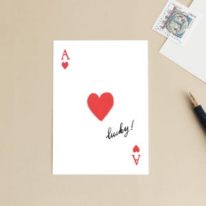 Carte postale « Lucky » Bonne chance, message positif, anniversaire - As de coeur, carte à jouer - Petite affiche, décoration mur